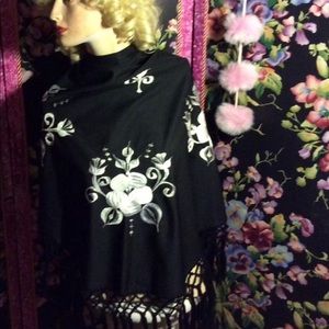 Art nouveau black shawl with fringe embroidered